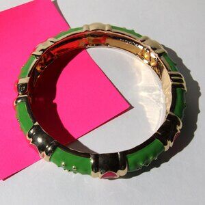 Vintage FORNASH Gold Tone w/ Green and Pink Enamel Bangle Bracelet 2.36" D